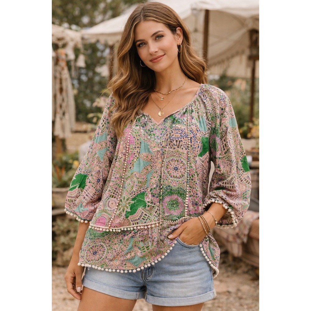 Jade Melody Tam Blouse Womens S Boho Peasant Pom Pom Trim Artisan Festival